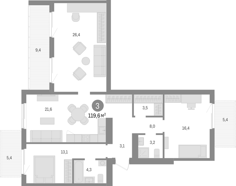 Планировка 4е-к.кв 99.40 м² в ЖК «Пшеница»