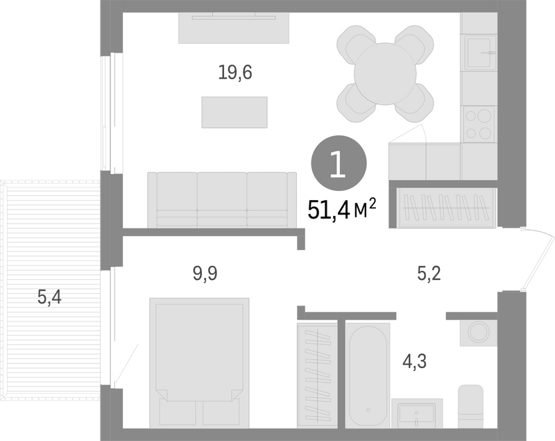 Планировка 2е-к. квартира 39.00 м² в ЖК «Пшеница»