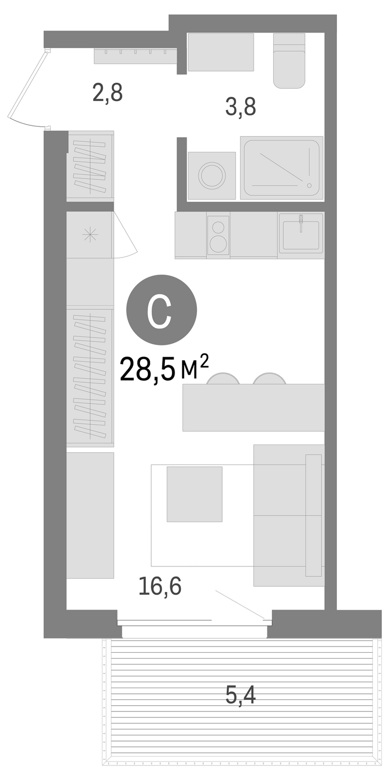 Планировка студии 23.10 м² в ЖК «Пшеница»