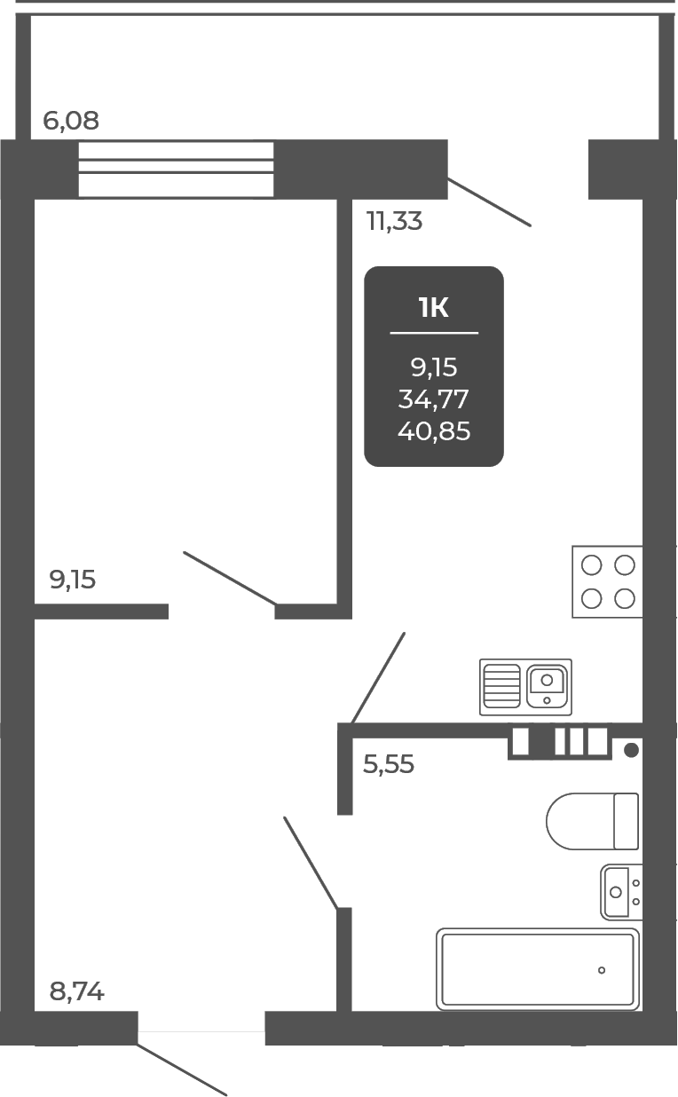 Планировка 1-к.кв 34.77 м² в ЖК «НОВА АПАРТ»