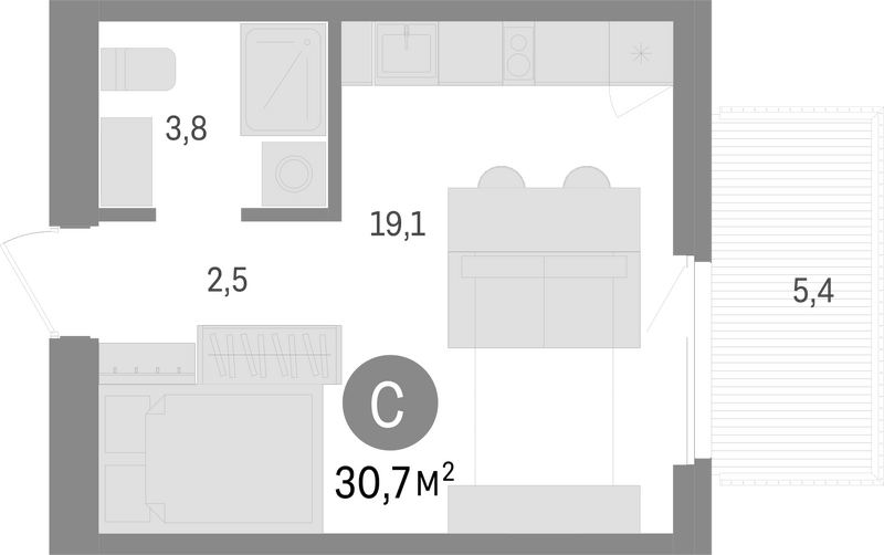 Планировка студия 25.30 м² в ЖК «Пшеница»
