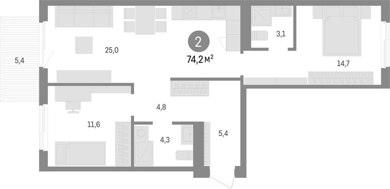 Планировка 3е-к.кв 68.80 м² в ЖК «Пшеница»