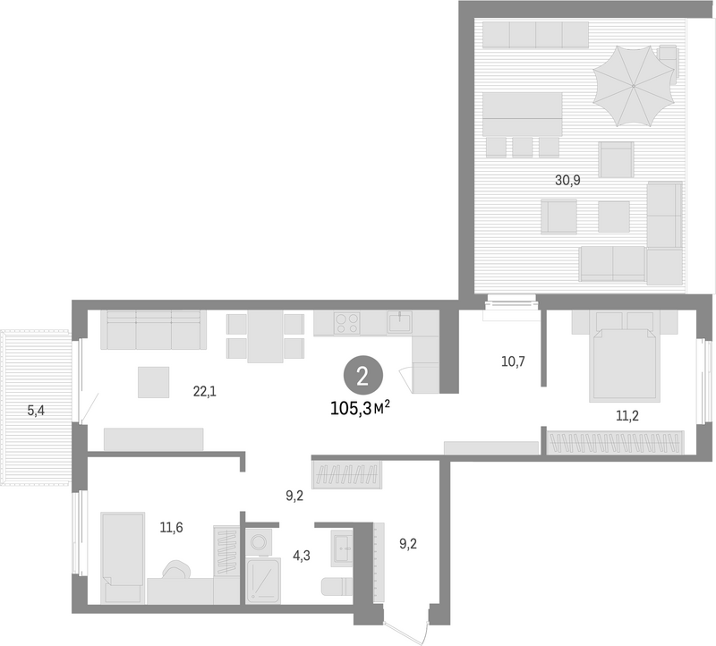 Планировка 3е-к. квартира 69.00 м² в ЖК «Пшеница»