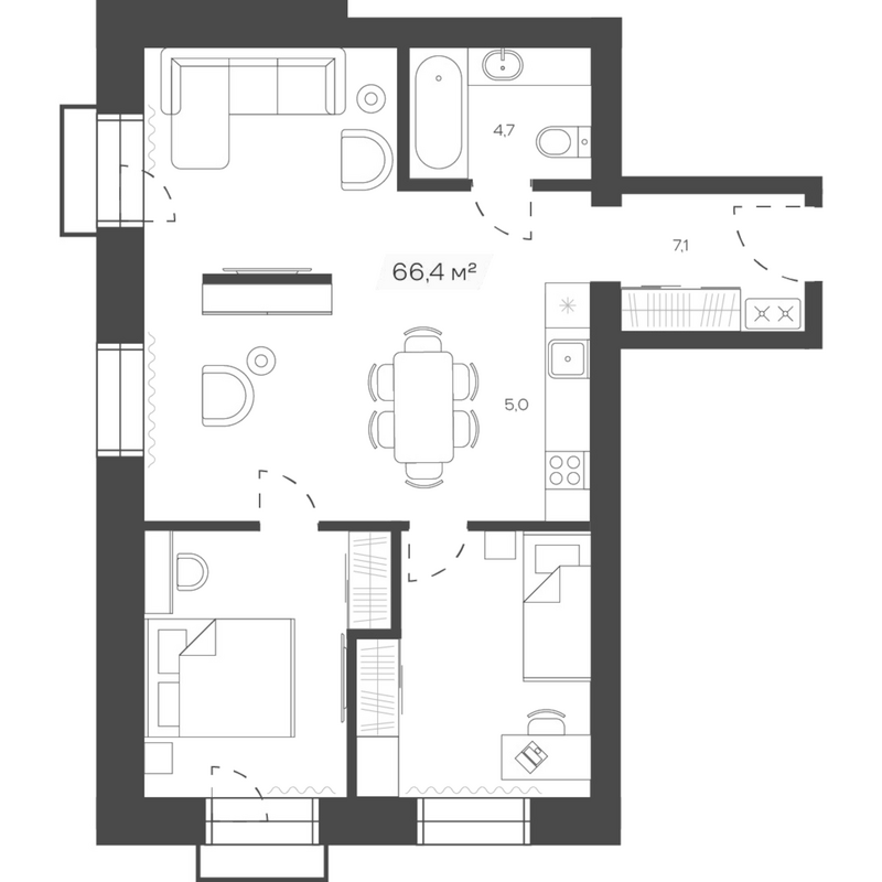 Планировка своб. план. 66.44 м² в ЖК «Freedom Village»