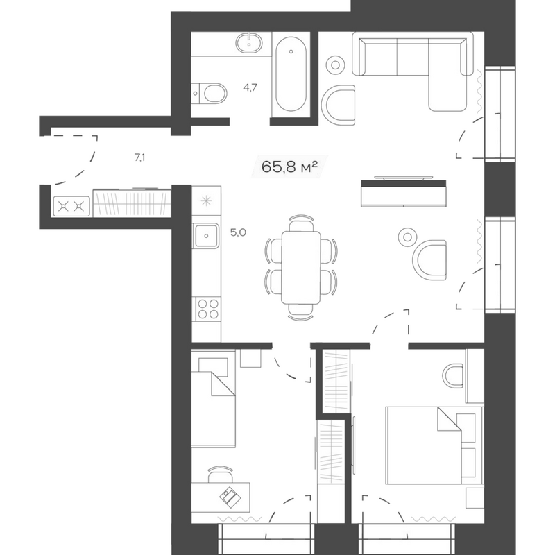 Планировка своб. план. 65.83 м² в ЖК «Freedom Village»
