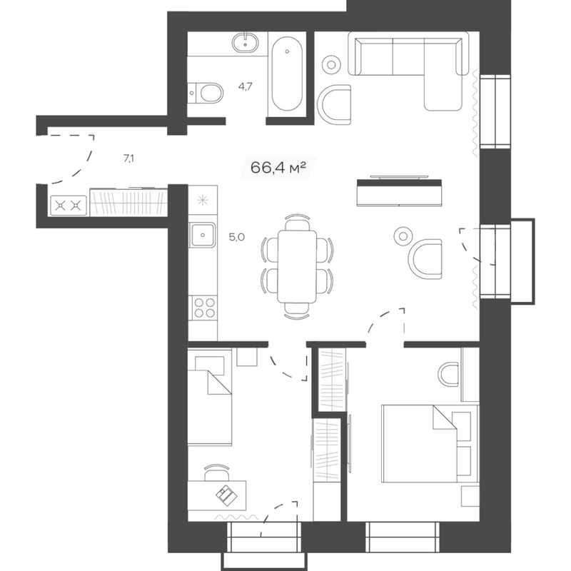 Планировка своб. план. 66.44 м² в ЖК «Freedom Village»