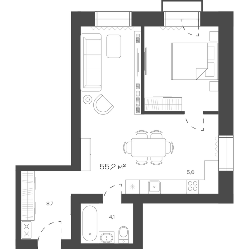Планировка своб. план. 55.19 м² в ЖК «Freedom Village»