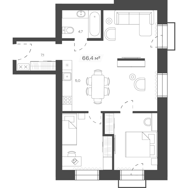 Планировка своб. план. 66.44 м² в ЖК «Freedom Village»