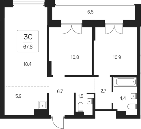 Планировка 3е-к. квартира 61.30 м² в ЖК «Расцветай на Кропоткина»