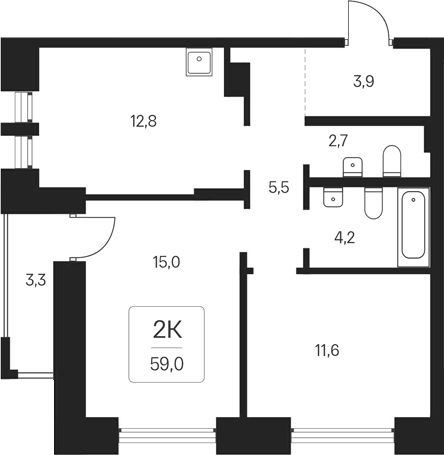 Планировка 2-к. квартира 55.70 м² в ЖК «Расцветай на Кропоткина»