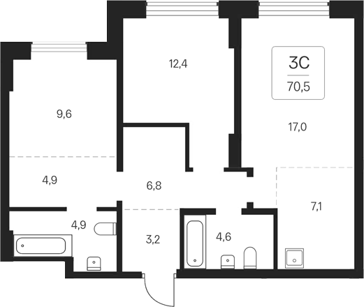 Планировка 3е-к. квартира 70.50 м² в ЖК «Расцветай на Кропоткина»