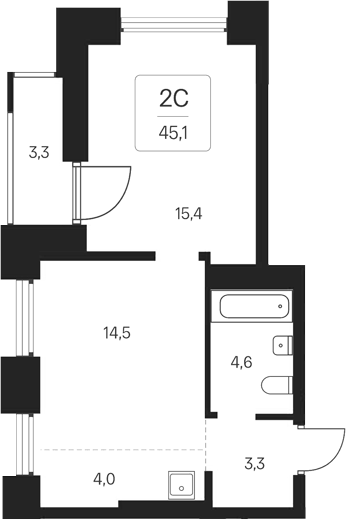 Планировка 2е-к.кв 41.80 м² в ЖК «Расцветай на Кропоткина»