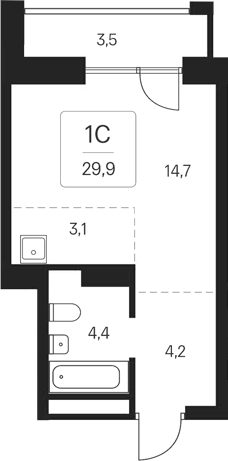 Планировка студия 26.40 м² в ЖК «Расцветай на Кропоткина»