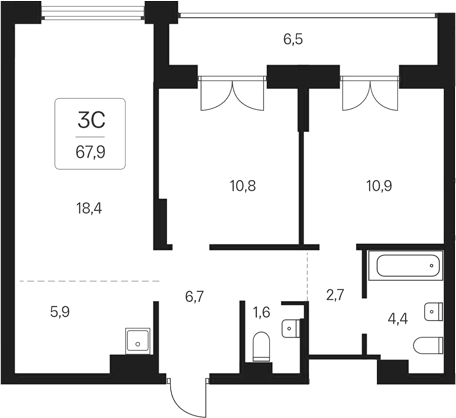Планировка 3е-к. квартира 61.40 м² в ЖК «Расцветай на Кропоткина»