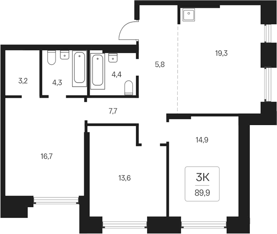 Планировка 3-к. квартира 89.90 м² в ЖК «Расцветай на Кропоткина»