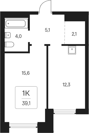 Планировка 1-к. квартира 39.10 м² в ЖК «Расцветай на Кропоткина»