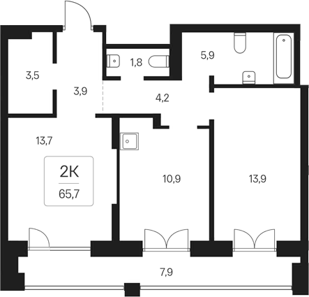 Планировка 2-к.кв 57.80 м² в ЖК «Расцветай на Кропоткина»