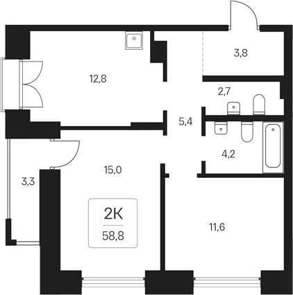 Планировка 2-к. квартира 55.50 м² в ЖК «Расцветай на Кропоткина»
