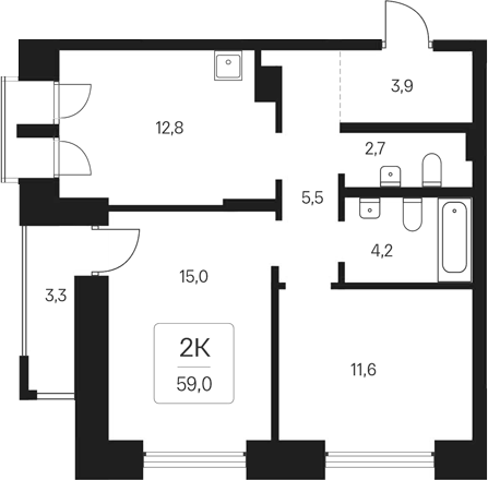 Планировка 2-к. квартира 55.70 м² в ЖК «Расцветай на Кропоткина»