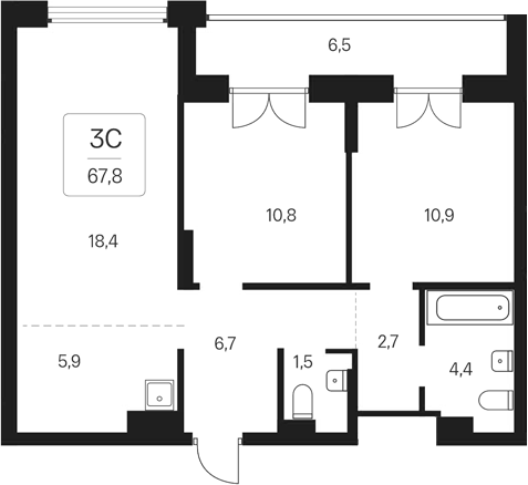 Планировка 3е-к. квартира 61.30 м² в ЖК «Расцветай на Кропоткина»