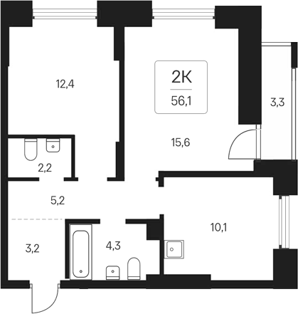 Планировка 2-к. квартира 52.80 м² в ЖК «Расцветай на Кропоткина»