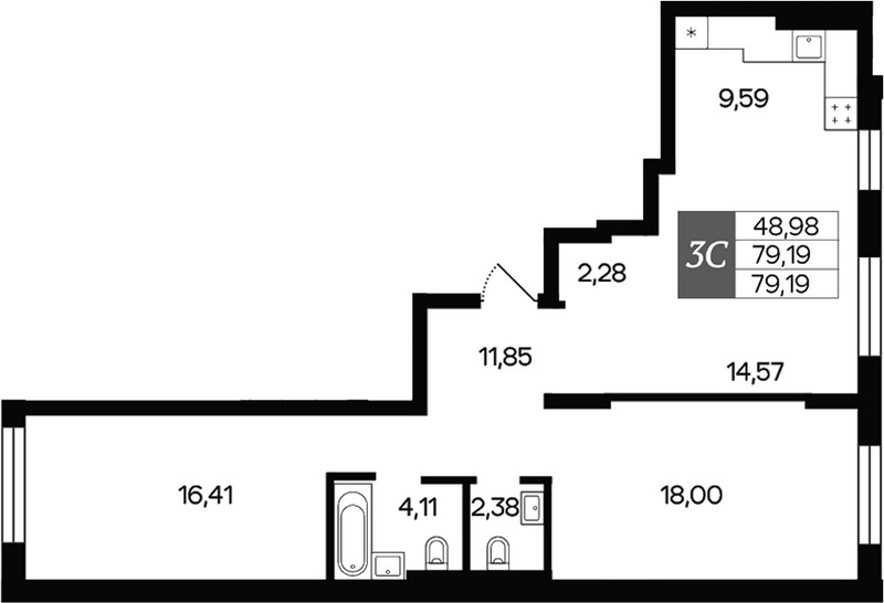 Планировка 3е-к.кв 79.19 м² в ЖК «Роза ветров»