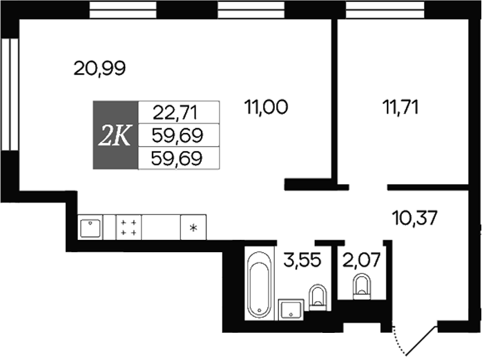 Планировка 2-к.кв 59.69 м² в ЖК «Роза ветров»