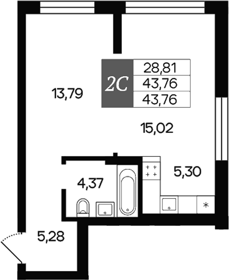 Планировка 2е-к.кв 43.76 м² в ЖК «Роза ветров»