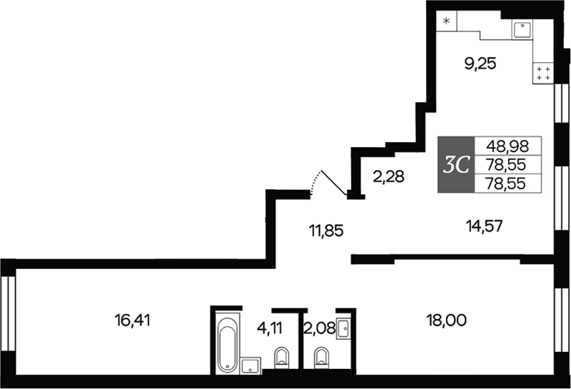 Планировка 3е-к.кв 78.55 м² в ЖК «Роза ветров»