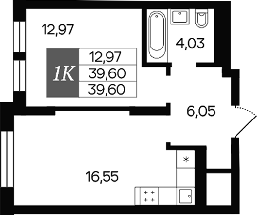 Планировка 1-к.кв 39.60 м² в ЖК «Роза ветров»