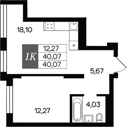 Планировка 1-к.кв 40.07 м² в ЖК «Роза ветров»