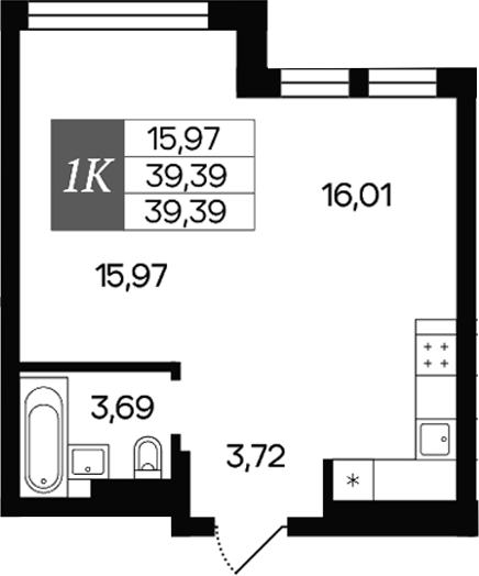 Планировка 1-к.кв 39.39 м² в ЖК «Роза ветров»