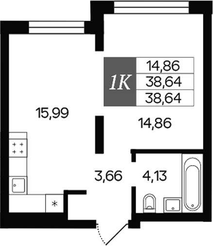 Планировка 1-к.кв 38.64 м² в ЖК «Роза ветров»