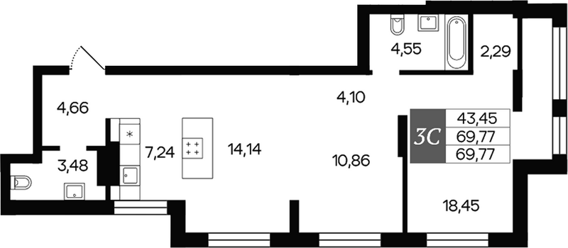 Планировка 3е-к.кв 69.77 м² в ЖК «Роза ветров»