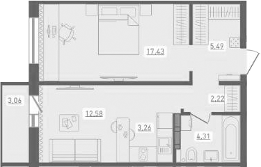 Планировка 2е-к. квартира 45.29 м² в ЖК «Радуга Сибири»