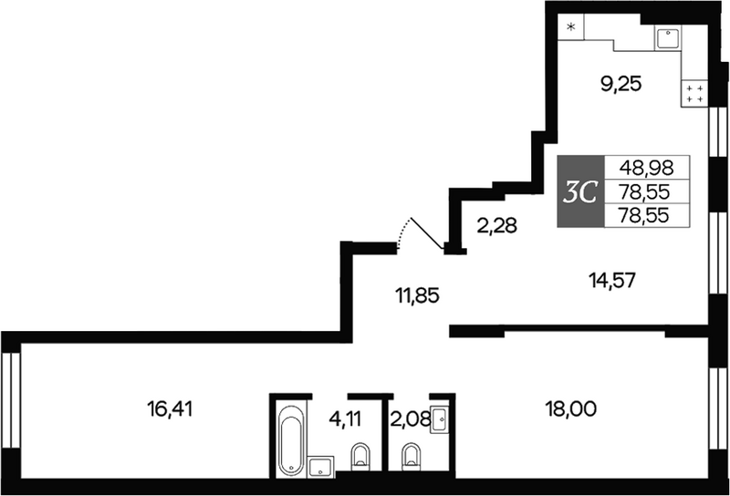 Планировка 3е-к.кв 78.55 м² в ЖК «Роза ветров»