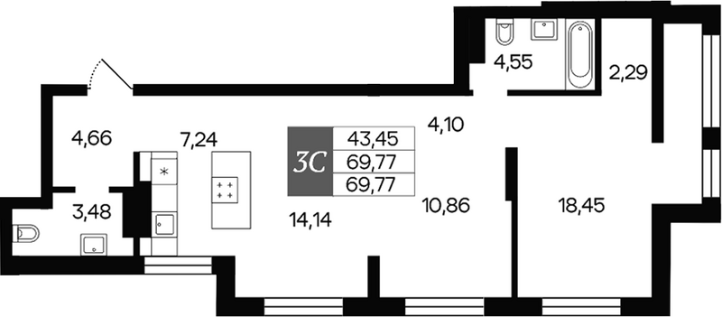 Планировка 3е-к.кв 69.77 м² в ЖК «Роза ветров»