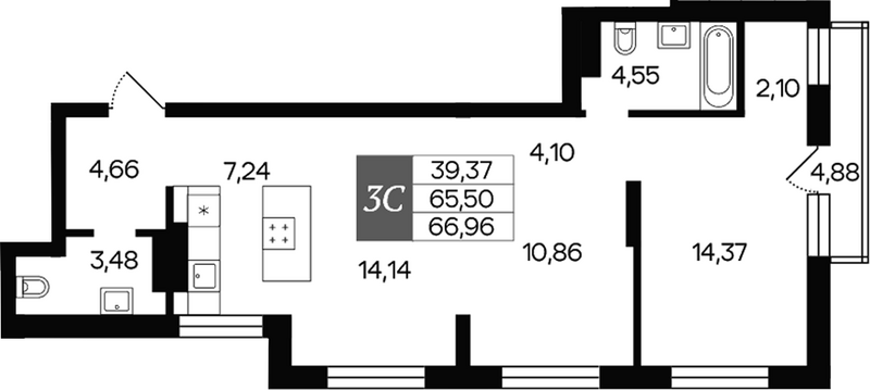 Планировка 3е-к.кв 65.50 м² в ЖК «Роза ветров»