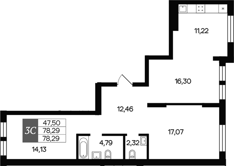 Планировка 3е-к.кв 78.29 м² в ЖК «Роза ветров»