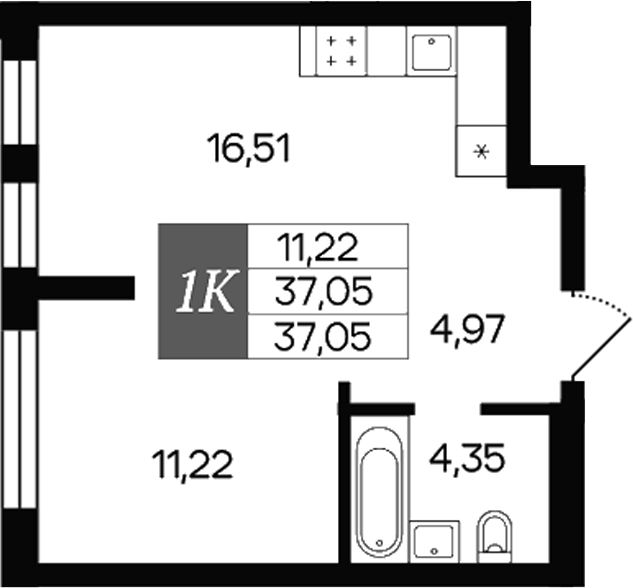 Планировка 1-к.кв 37.05 м² в ЖК «Роза ветров»