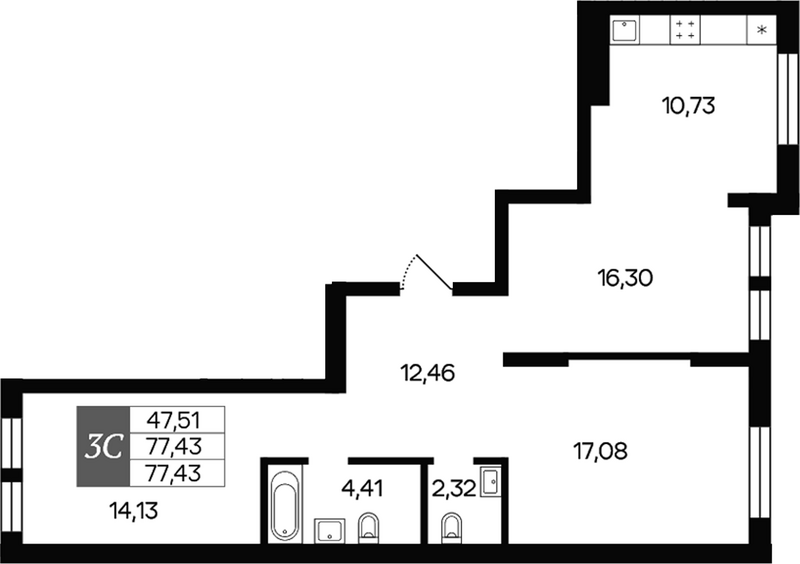 Планировка 3е-к.кв 77.43 м² в ЖК «Роза ветров»