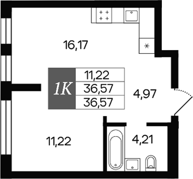 Планировка 1-к. квартира 36.57 м² в ЖК «Роза ветров»