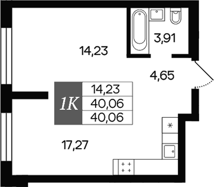 Планировка 1-к.кв 40.06 м² в ЖК «Роза ветров»