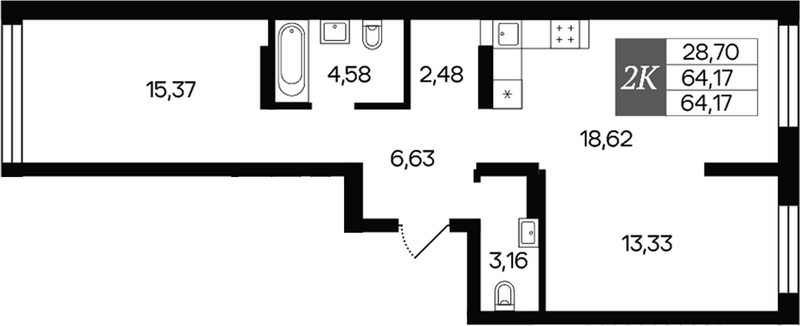 Планировка 2-к.кв 64.17 м² в ЖК «Роза ветров»
