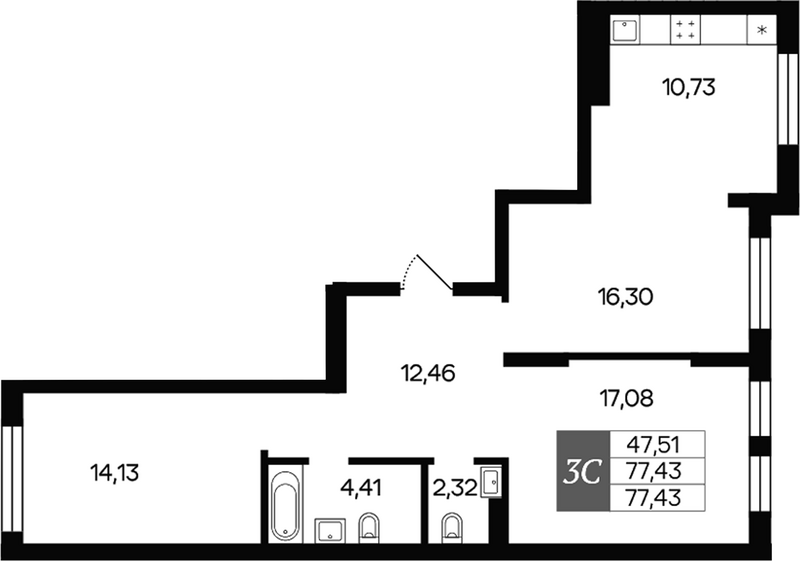 Планировка 3е-к.кв 77.43 м² в ЖК «Роза ветров»