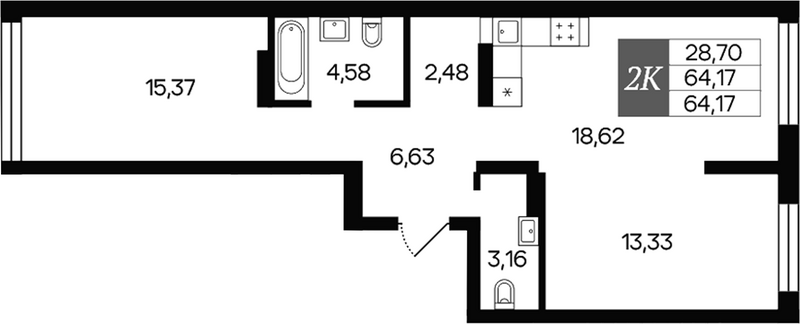 Планировка 2-к.кв 64.17 м² в ЖК «Роза ветров»