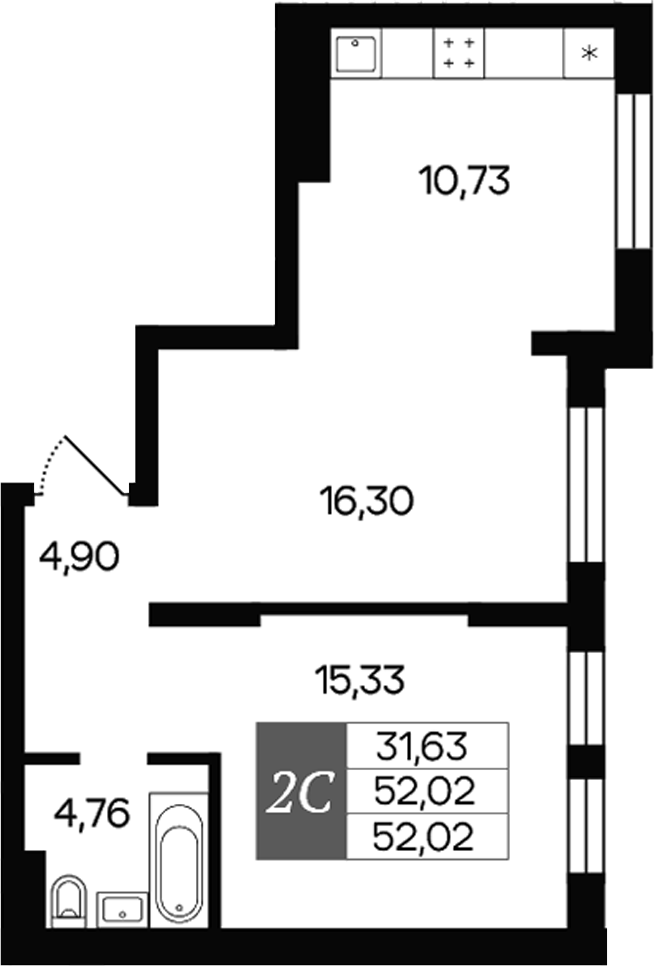 Планировка 2е-к.кв 52.02 м² в ЖК «Роза ветров»
