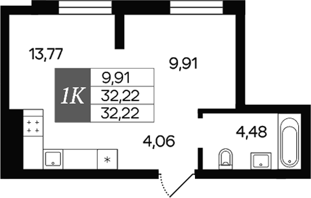 Планировка 1-к.кв 32.22 м² в ЖК «Роза ветров»