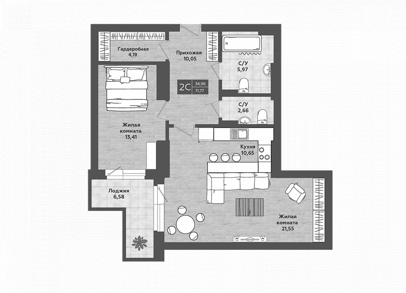Планировка 2е-к.кв 68.48 м² в ЖК «Сосны»