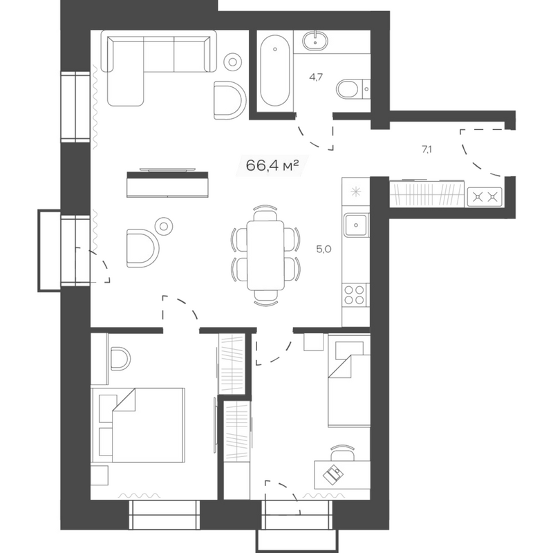 Планировка своб. план. 66.44 м² в ЖК «Freedom Village»